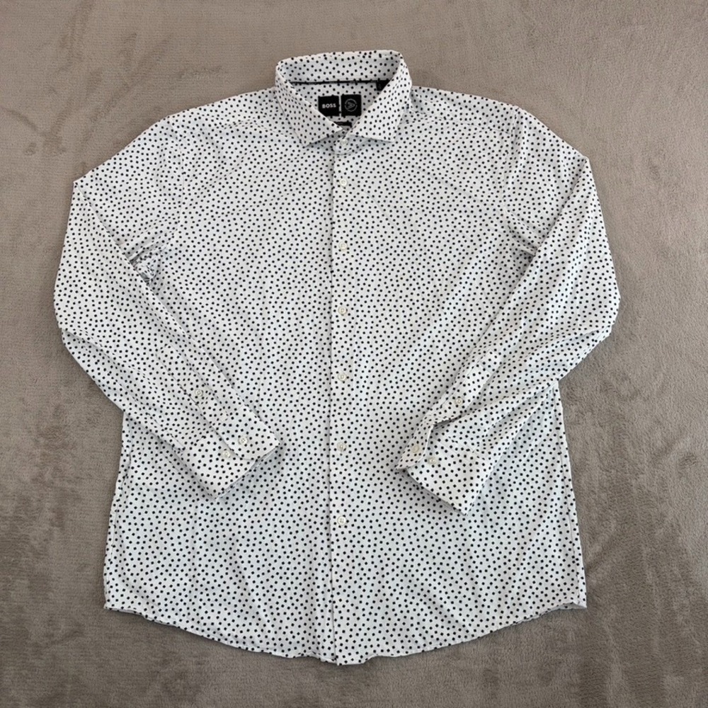 Hugo Boss Hank Spread Slim Fit Performance Stretch Shirt White Geo Men 2XL NWOT